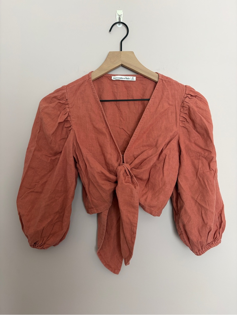 Abercrombie & Fitch Linen Blend Tie Front Puff Sleeve Top XS